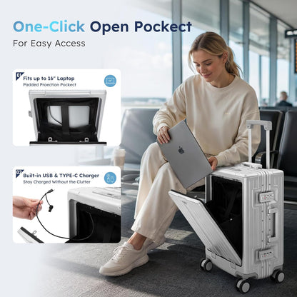 20 Inch Aluminum Frame Carry-On Luggage, Front Opening Hardside Carry on Suitcase with Quick-Access Front Compartment, Airline Approved with TSA Lock, USB&Type-C Ports, Cup Holder, Silver