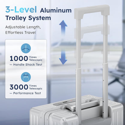 20 Inch Aluminum Frame Carry-On Luggage, Front Opening Hardside Carry on Suitcase with Quick-Access Front Compartment, Airline Approved with TSA Lock, USB&Type-C Ports, Cup Holder, Silver