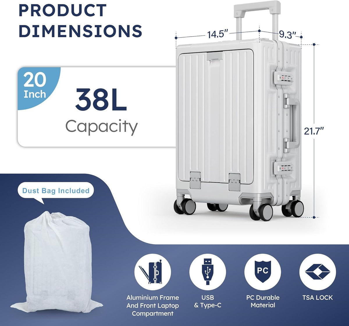 20 Inch Aluminum Frame Carry-On Luggage, Front Opening Hardside Carry on Suitcase with Quick-Access Front Compartment, Airline Approved with TSA Lock, USB&Type-C Ports, Cup Holder, Silver