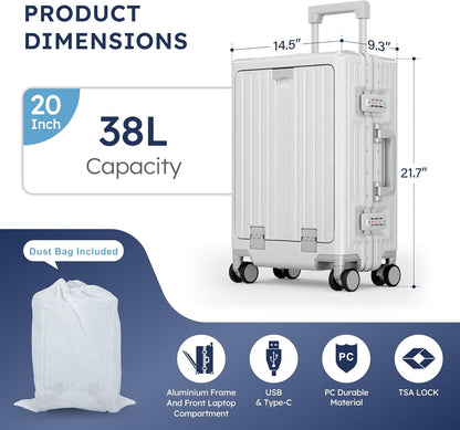 20 Inch Aluminum Frame Carry-On Luggage, Front Opening Hardside Carry on Suitcase with Quick-Access Front Compartment, Airline Approved with TSA Lock, USB&Type-C Ports, Cup Holder, Silver