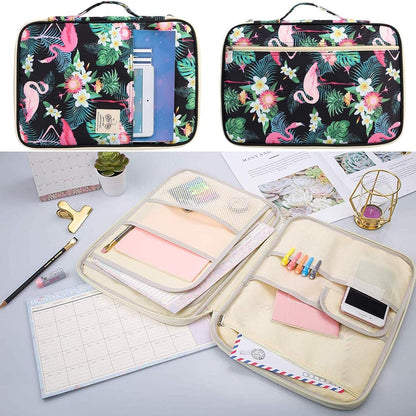 A4 Travel Portfolio Multifunctional Document Organizer Zippered Case for Office Supplies (Mulberry White)