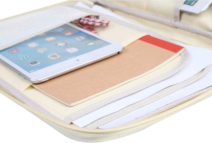 A4 Travel Portfolio Multifunctional Document Organizer Zippered Case for Office Supplies (Mulberry White)