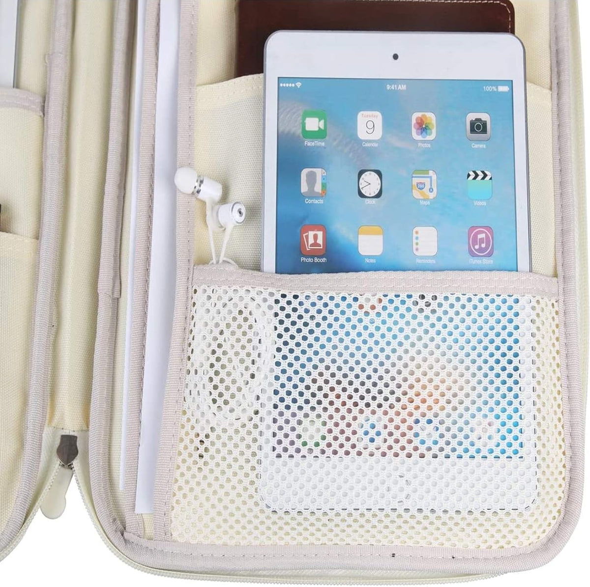 A4 Travel Portfolio Multifunctional Document Organizer Zippered Case for Office Supplies (Mulberry White)