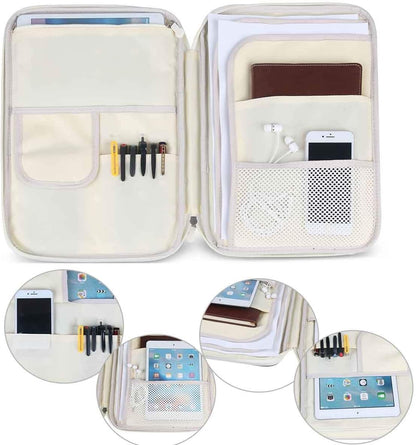 A4 Travel Portfolio Multifunctional Document Organizer Zippered Case for Office Supplies (Mulberry White)