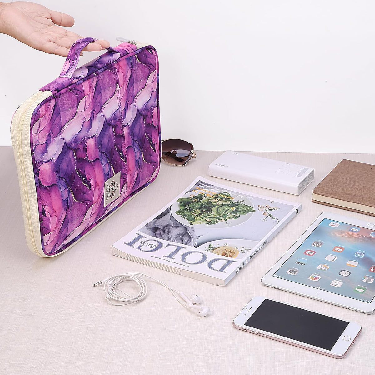 A4 Travel Portfolio Multifunctional Document Organizer Zippered Case for Office Supplies (Mulberry White)