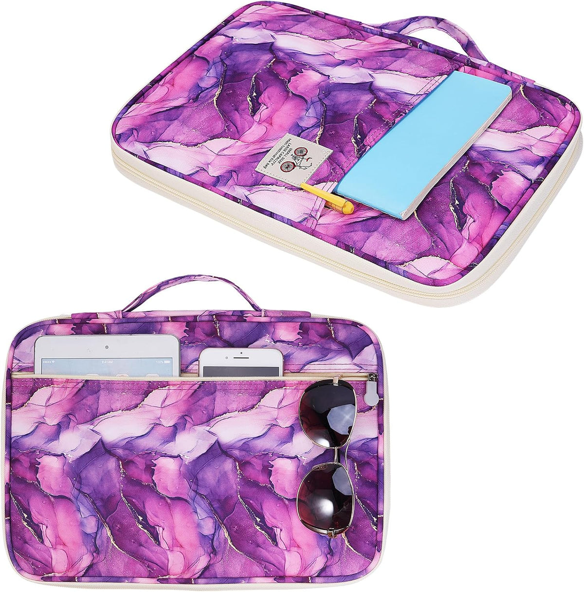 A4 Travel Portfolio Multifunctional Document Organizer Zippered Case for Office Supplies (Mulberry White)