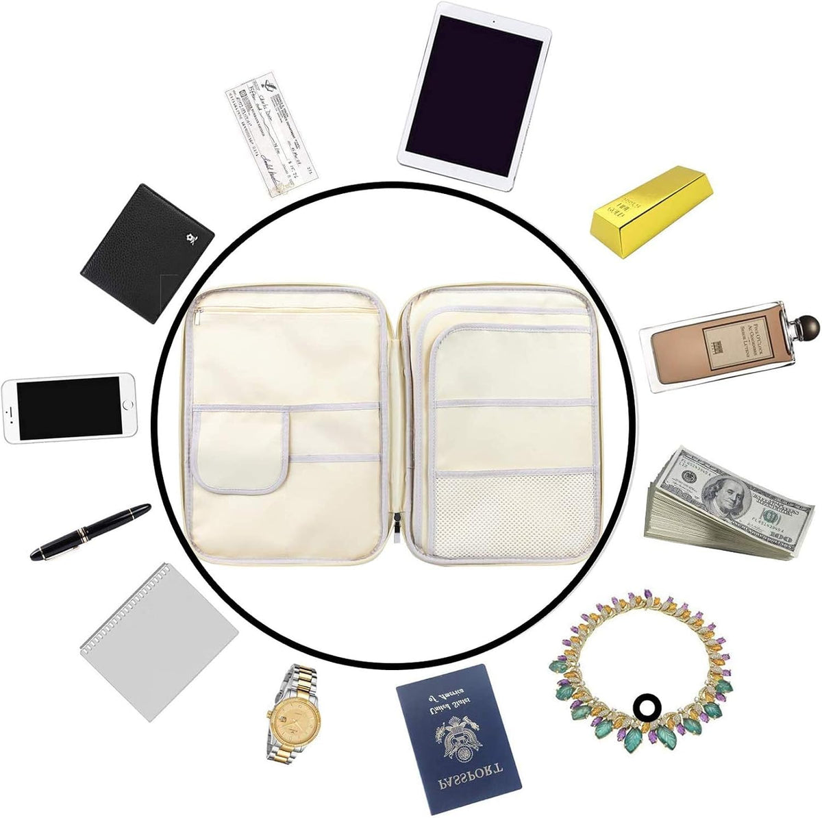 A4 Travel Portfolio Multifunctional Document Organizer Zippered Case for Office Supplies (Mulberry White)