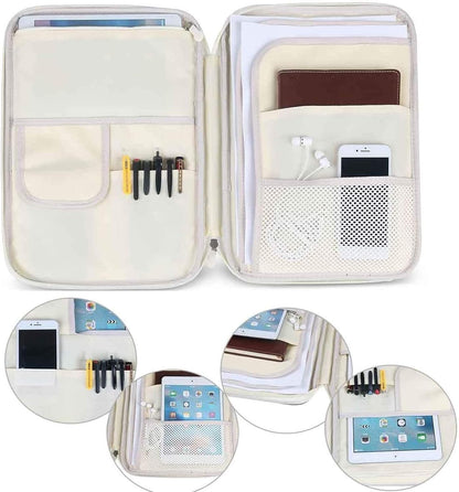A4 Travel Portfolio Multifunctional Document Organizer Zippered Case for Office Supplies (Mulberry White)