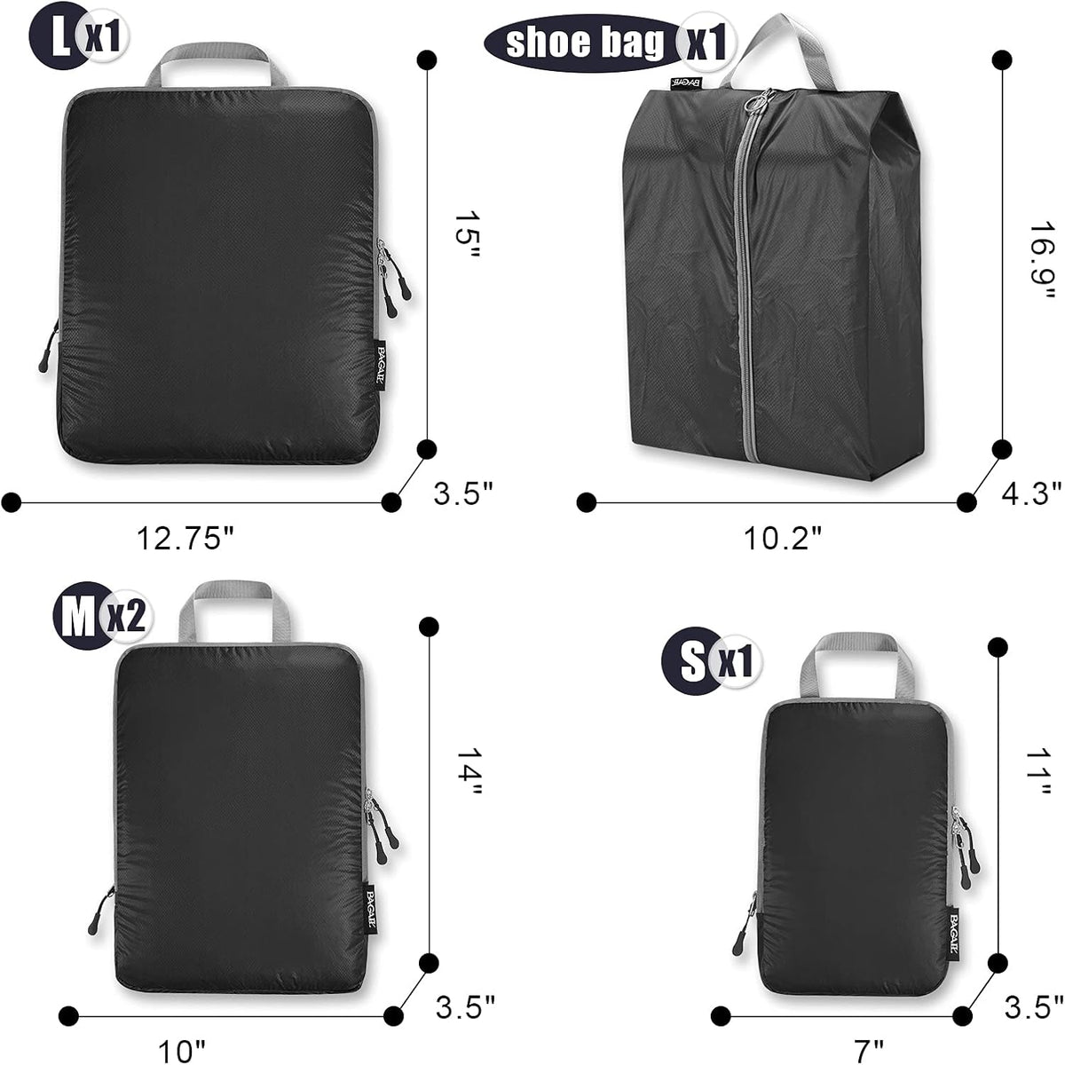 5 Set Ultralight Compression Packing Cubes Travel Accessories Expandable Packing Organizers(Black)