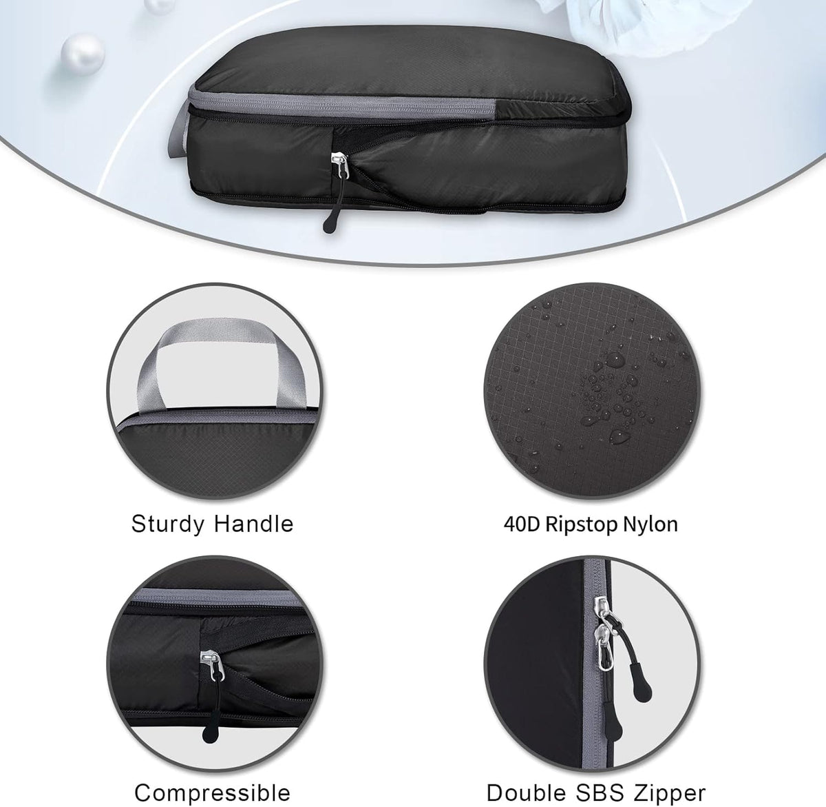 5 Set Ultralight Compression Packing Cubes Travel Accessories Expandable Packing Organizers(Black)