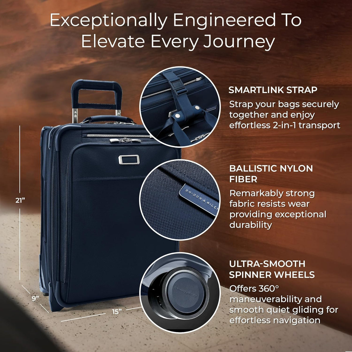 Briggs & Riley 2-Wheel Cabin Bag - Carry On Luggage for Travel, Suitcases with Wheels, Softside Rolling Bag for Men & Women, Interlocking Handle, Self-Repairing Zipper - Baseline Collection, Navy