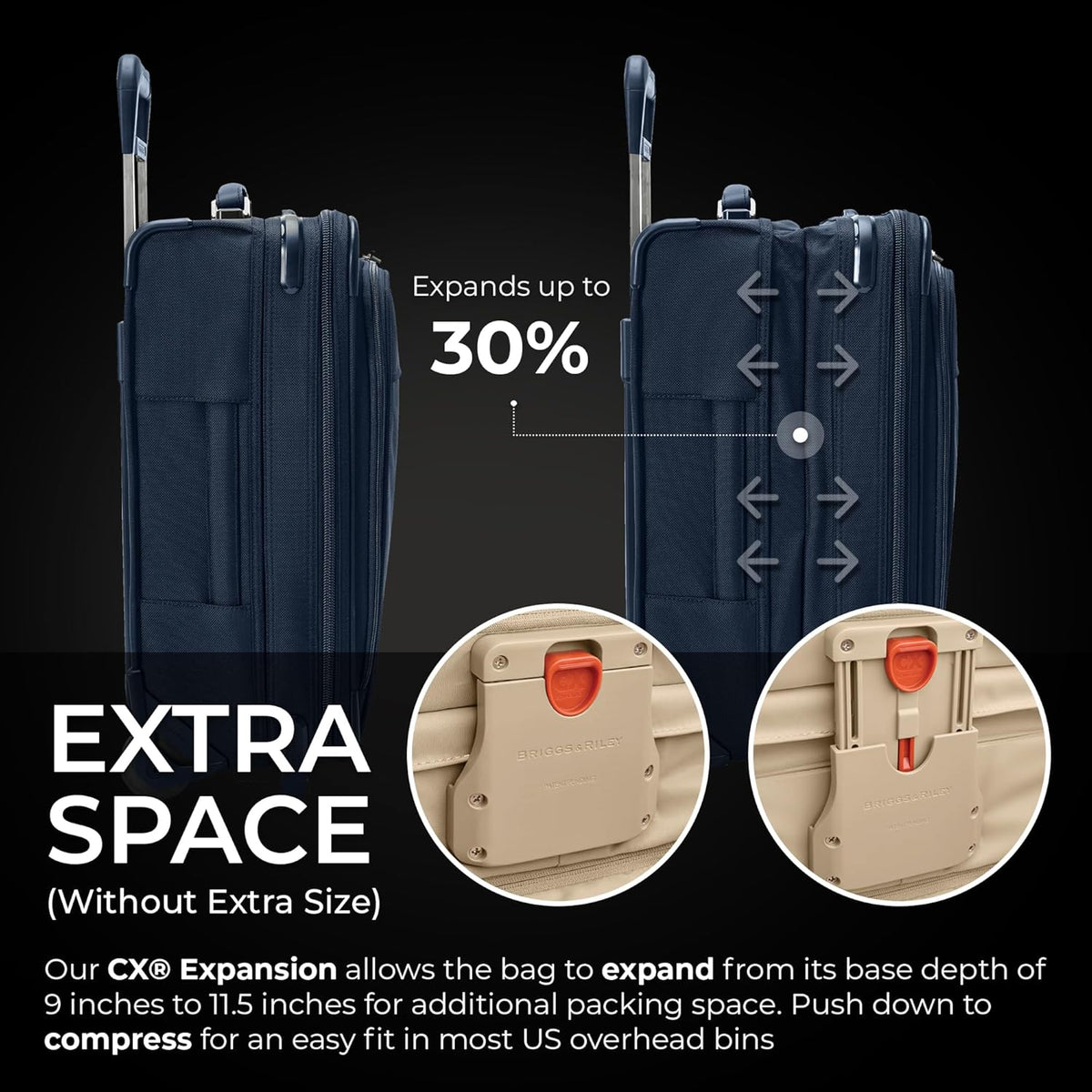 Briggs & Riley 2-Wheel Cabin Bag - Carry On Luggage for Travel, Suitcases with Wheels, Softside Rolling Bag for Men & Women, Interlocking Handle, Self-Repairing Zipper - Baseline Collection, Navy