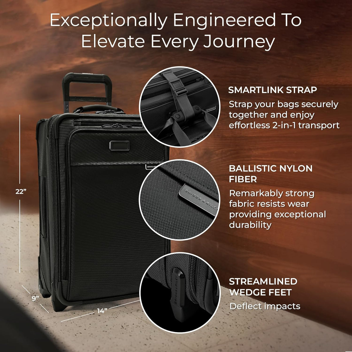 Briggs & Riley 2-Wheel Cabin Bag - Carry On Luggage for Travel, Suitcases with Wheels, Softside Rolling Bag for Men & Women, Interlocking Handle, Self-Repairing Zipper - Baseline Collection, Navy