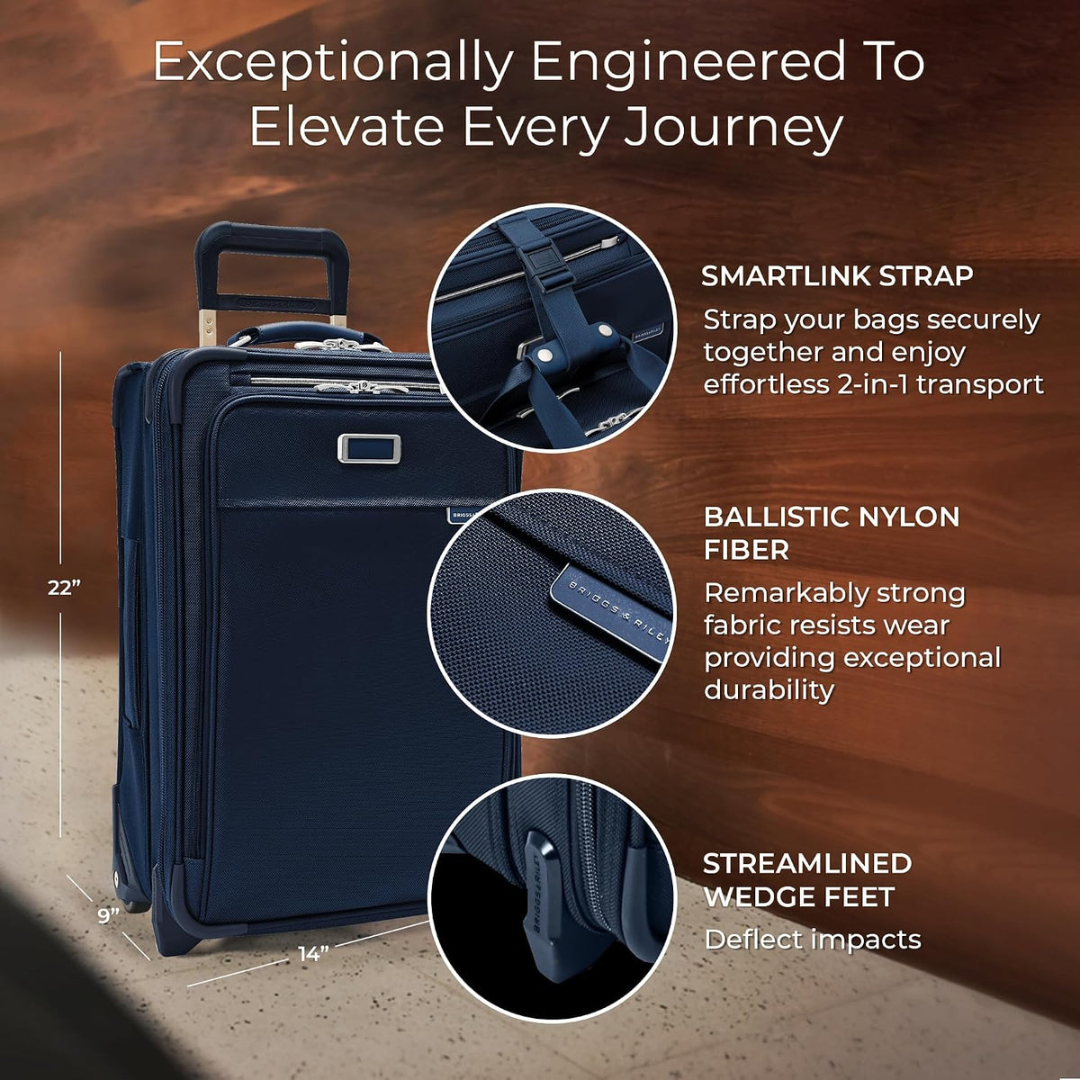 Briggs & Riley 2-Wheel Cabin Bag - Carry On Luggage for Travel, Suitcases with Wheels, Softside Rolling Bag for Men & Women, Interlocking Handle, Self-Repairing Zipper - Baseline Collection, Navy