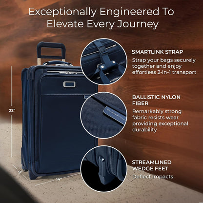 Briggs & Riley 2-Wheel Cabin Bag - Carry On Luggage for Travel, Suitcases with Wheels, Softside Rolling Bag for Men & Women, Interlocking Handle, Self-Repairing Zipper - Baseline Collection, Navy