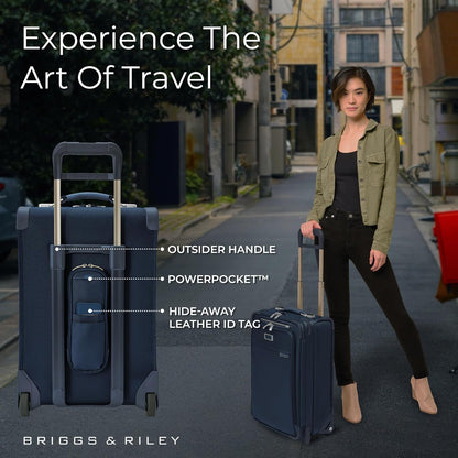 Briggs & Riley 2-Wheel Cabin Bag - Carry On Luggage for Travel, Suitcases with Wheels, Softside Rolling Bag for Men & Women, Interlocking Handle, Self-Repairing Zipper - Baseline Collection, Navy