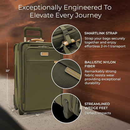Briggs & Riley 2-Wheel Cabin Bag - Carry On Luggage for Travel, Suitcases with Wheels, Softside Rolling Bag for Men & Women, Interlocking Handle, Self-Repairing Zipper - Baseline Collection, Navy