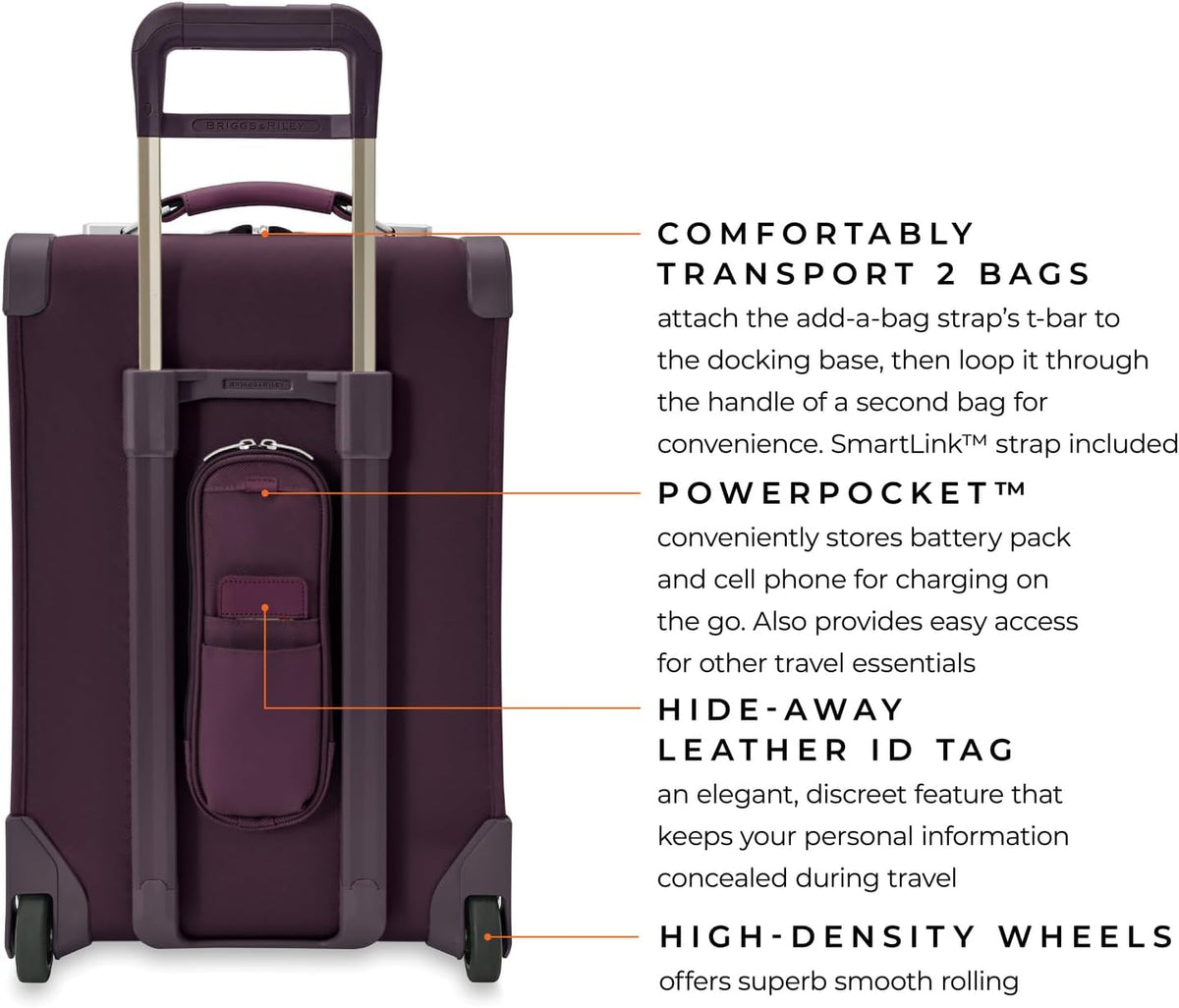 Briggs & Riley 2-Wheel Cabin Bag - Carry On Luggage for Travel, Suitcases with Wheels, Softside Rolling Bag for Men & Women, Interlocking Handle, Self-Repairing Zipper - Baseline Collection, Navy