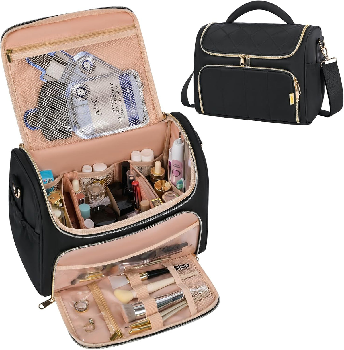 Travel Toiletry Bag Large Cosmetic Makeup Bag Organizer for Women,Wide-open Make Up Bag Waterproof Makeup Case Travel Bag with Handle and Dividers for Toiletries,Essentials,Accessories,Dark Pink