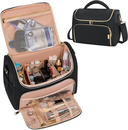 Travel Toiletry Bag Large Cosmetic Makeup Bag Organizer for Women,Wide-open Make Up Bag Waterproof Makeup Case Travel Bag with Handle and Dividers for Toiletries,Essentials,Accessories,Dark Pink