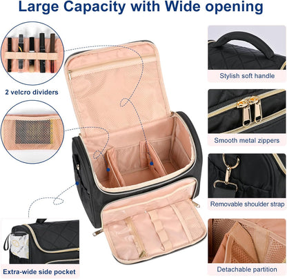 Travel Toiletry Bag Large Cosmetic Makeup Bag Organizer for Women,Wide-open Make Up Bag Waterproof Makeup Case Travel Bag with Handle and Dividers for Toiletries,Essentials,Accessories,Dark Pink