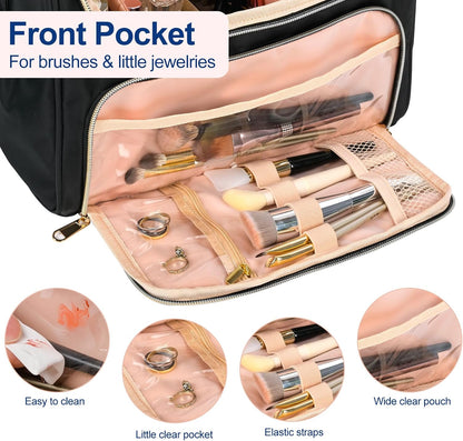 Travel Toiletry Bag Large Cosmetic Makeup Bag Organizer for Women,Wide-open Make Up Bag Waterproof Makeup Case Travel Bag with Handle and Dividers for Toiletries,Essentials,Accessories,Dark Pink