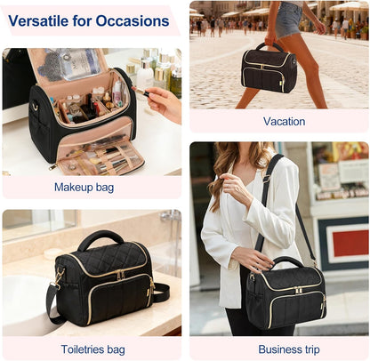 Travel Toiletry Bag Large Cosmetic Makeup Bag Organizer for Women,Wide-open Make Up Bag Waterproof Makeup Case Travel Bag with Handle and Dividers for Toiletries,Essentials,Accessories,Dark Pink
