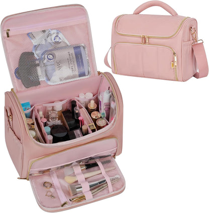 Travel Toiletry Bag Large Cosmetic Makeup Bag Organizer for Women,Wide-open Make Up Bag Waterproof Makeup Case Travel Bag with Handle and Dividers for Toiletries,Essentials,Accessories,Dark Pink