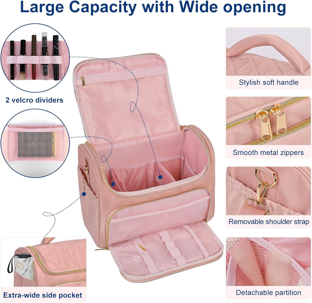 Travel Toiletry Bag Large Cosmetic Makeup Bag Organizer for Women,Wide-open Make Up Bag Waterproof Makeup Case Travel Bag with Handle and Dividers for Toiletries,Essentials,Accessories,Dark Pink