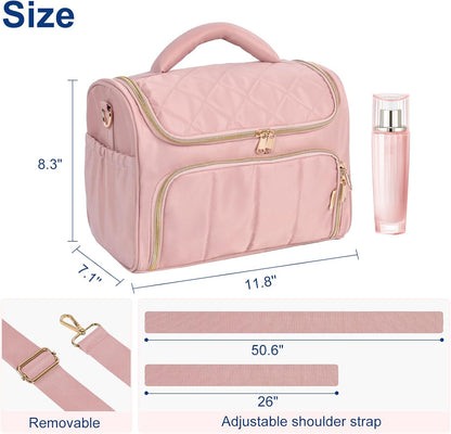 Travel Toiletry Bag Large Cosmetic Makeup Bag Organizer for Women,Wide-open Make Up Bag Waterproof Makeup Case Travel Bag with Handle and Dividers for Toiletries,Essentials,Accessories,Dark Pink