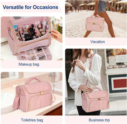 Travel Toiletry Bag Large Cosmetic Makeup Bag Organizer for Women,Wide-open Make Up Bag Waterproof Makeup Case Travel Bag with Handle and Dividers for Toiletries,Essentials,Accessories,Dark Pink