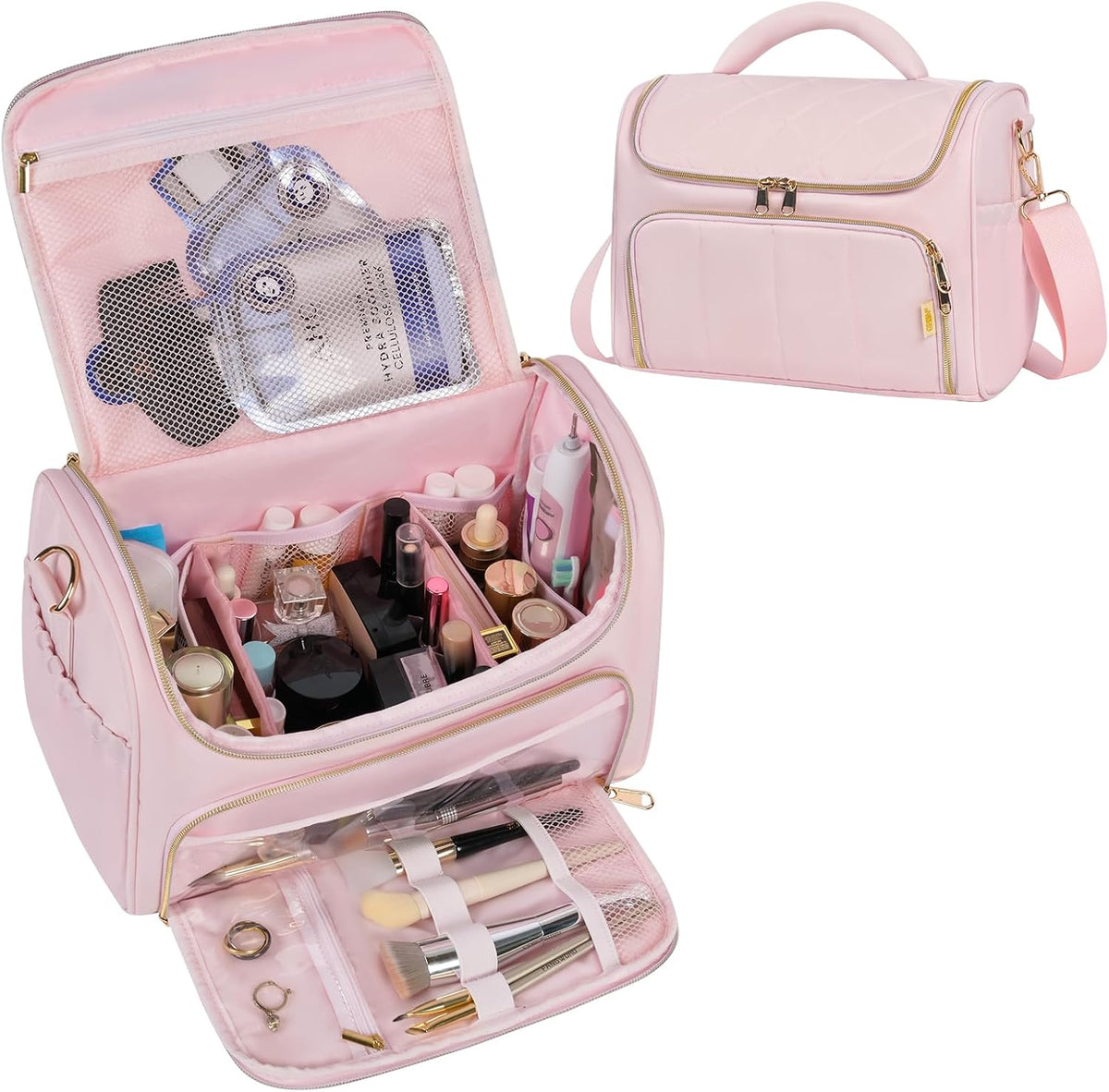 Travel Toiletry Bag Large Cosmetic Makeup Bag Organizer for Women,Wide-open Make Up Bag Waterproof Makeup Case Travel Bag with Handle and Dividers for Toiletries,Essentials,Accessories,Dark Pink