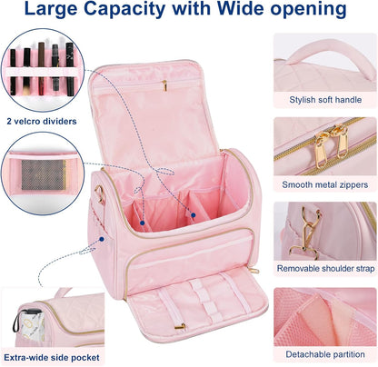 Travel Toiletry Bag Large Cosmetic Makeup Bag Organizer for Women,Wide-open Make Up Bag Waterproof Makeup Case Travel Bag with Handle and Dividers for Toiletries,Essentials,Accessories,Dark Pink