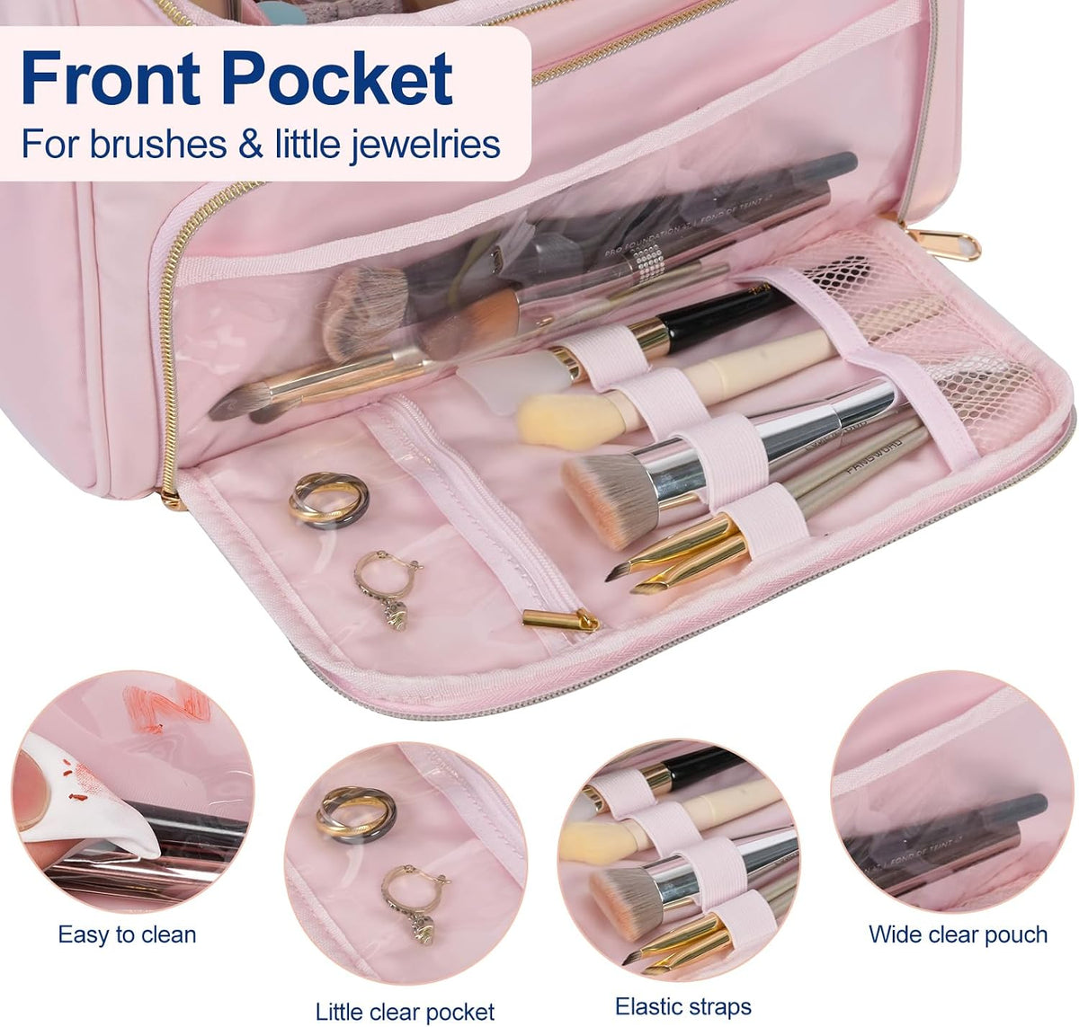 Travel Toiletry Bag Large Cosmetic Makeup Bag Organizer for Women,Wide-open Make Up Bag Waterproof Makeup Case Travel Bag with Handle and Dividers for Toiletries,Essentials,Accessories,Dark Pink