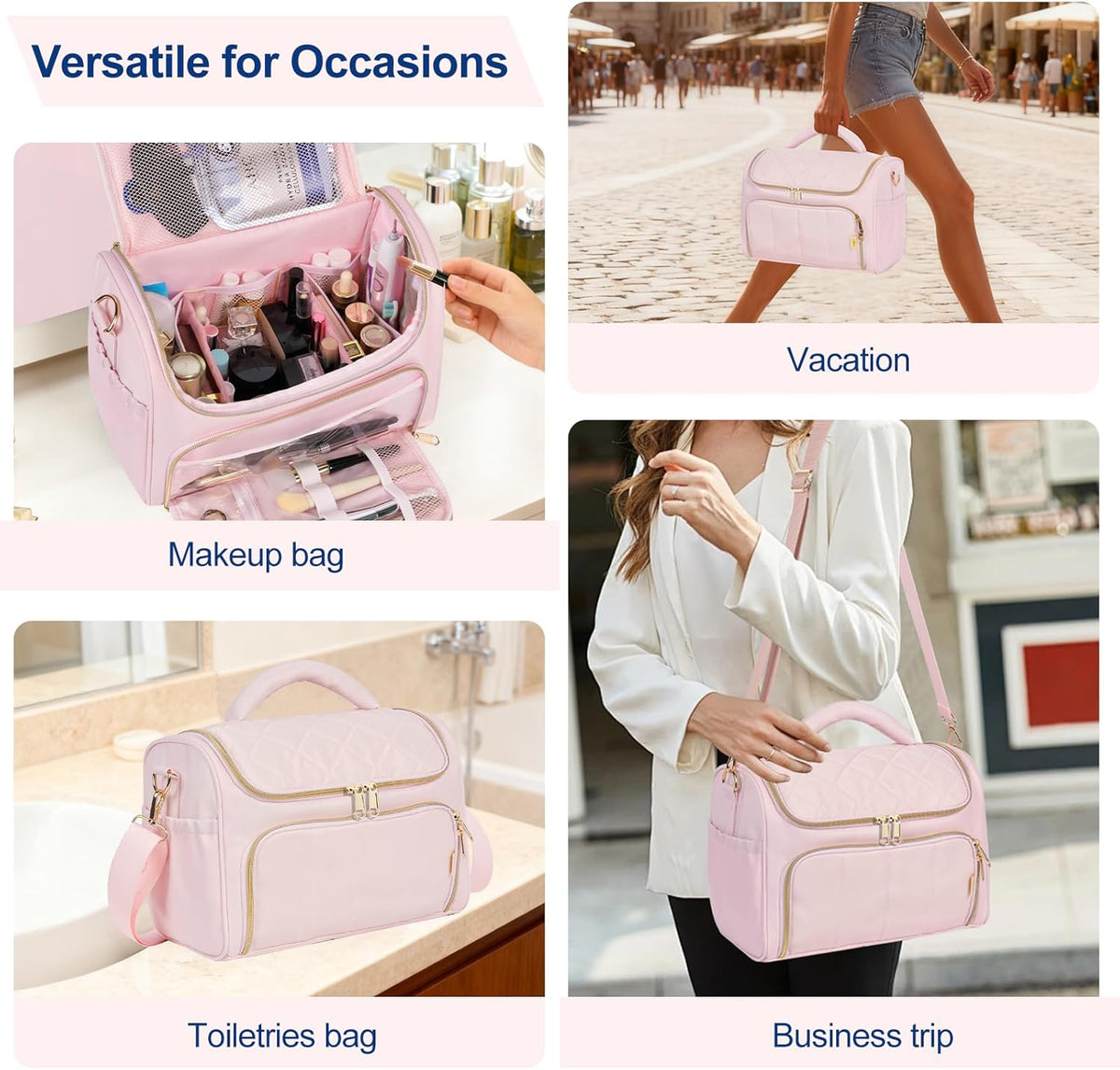 Travel Toiletry Bag Large Cosmetic Makeup Bag Organizer for Women,Wide-open Make Up Bag Waterproof Makeup Case Travel Bag with Handle and Dividers for Toiletries,Essentials,Accessories,Dark Pink