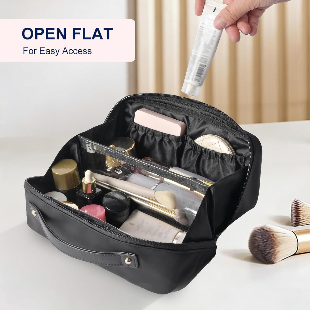 Travel Toiletry Bag Large Cosmetic Makeup Bag Organizer for Women,Wide-open Make Up Bag Waterproof Makeup Case Travel Bag with Handle and Dividers for Toiletries,Essentials,Accessories,Dark Pink
