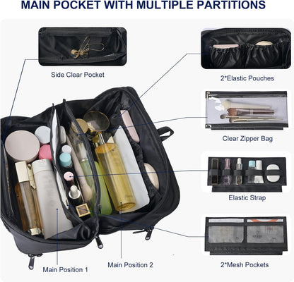 Travel Toiletry Bag Large Cosmetic Makeup Bag Organizer for Women,Wide-open Make Up Bag Waterproof Makeup Case Travel Bag with Handle and Dividers for Toiletries,Essentials,Accessories,Dark Pink