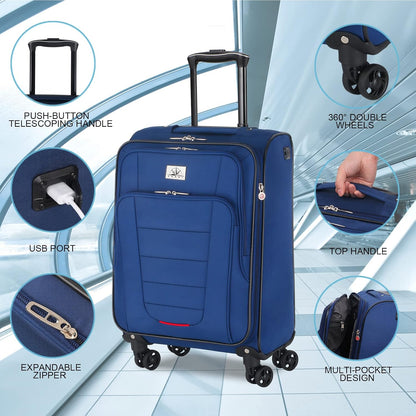 Verdi Travel Carry On Luggage with Spinner Wheels Softshell Lightweight Expandable 20 Inch Suitcase with USB Charging Port and 8-wheel Spinners Carryon Bag