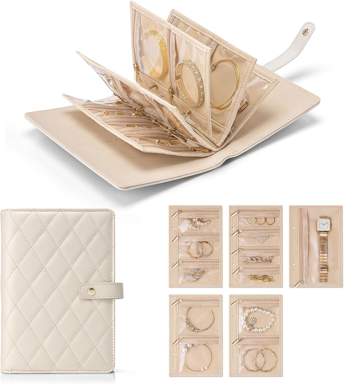 Travel Jewelry Organizer Case,Valentines Gift,Jewelry Storage Book Ring Binder with Clear Zipper Velvet Jewelry Pouches Bags for Rings,Necklace,Earrings-Cream White
