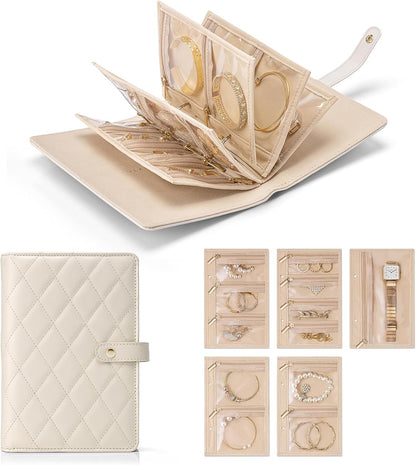 Travel Jewelry Organizer Case,Valentines Gift,Jewelry Storage Book Ring Binder with Clear Zipper Velvet Jewelry Pouches Bags for Rings,Necklace,Earrings-Cream White