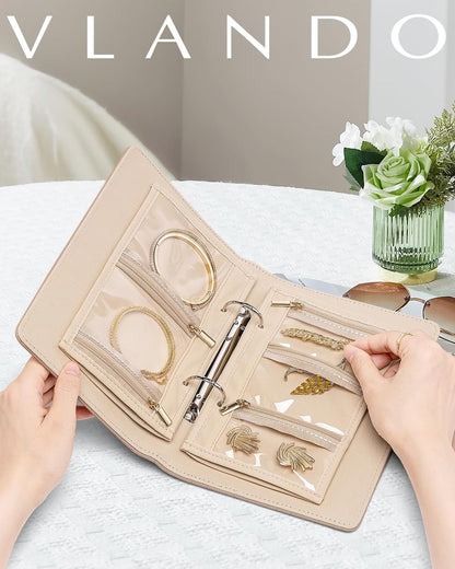 Travel Jewelry Organizer Case,Valentines Gift,Jewelry Storage Book Ring Binder with Clear Zipper Velvet Jewelry Pouches Bags for Rings,Necklace,Earrings-Cream White