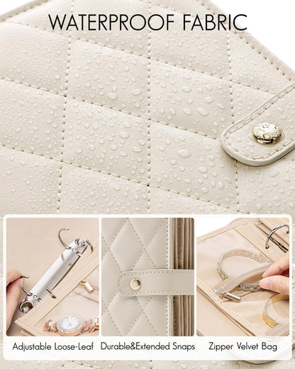 Travel Jewelry Organizer Case,Valentines Gift,Jewelry Storage Book Ring Binder with Clear Zipper Velvet Jewelry Pouches Bags for Rings,Necklace,Earrings-Cream White