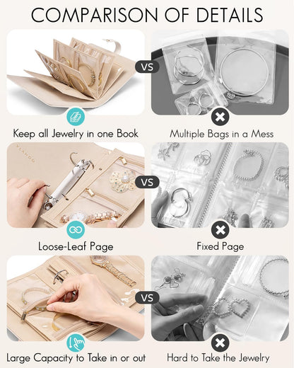 Travel Jewelry Organizer Case,Valentines Gift,Jewelry Storage Book Ring Binder with Clear Zipper Velvet Jewelry Pouches Bags for Rings,Necklace,Earrings-Cream White