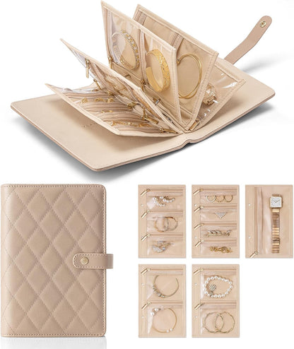 Travel Jewelry Organizer Case,Valentines Gift,Jewelry Storage Book Ring Binder with Clear Zipper Velvet Jewelry Pouches Bags for Rings,Necklace,Earrings-Cream White
