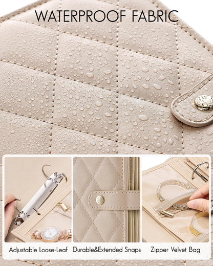 Travel Jewelry Organizer Case,Valentines Gift,Jewelry Storage Book Ring Binder with Clear Zipper Velvet Jewelry Pouches Bags for Rings,Necklace,Earrings-Cream White
