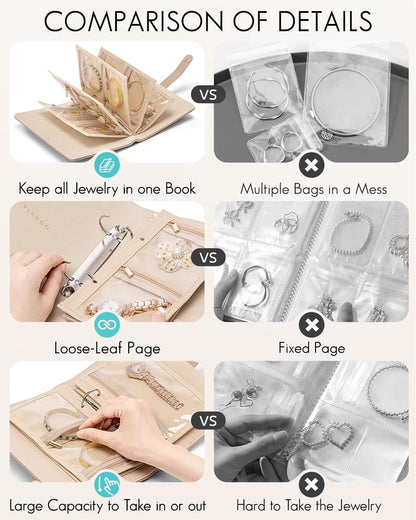 Travel Jewelry Organizer Case,Valentines Gift,Jewelry Storage Book Ring Binder with Clear Zipper Velvet Jewelry Pouches Bags for Rings,Necklace,Earrings-Cream White