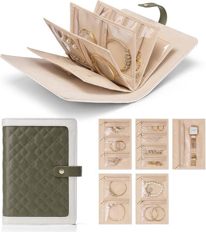 Travel Jewelry Organizer Case,Valentines Gift,Jewelry Storage Book Ring Binder with Clear Zipper Velvet Jewelry Pouches Bags for Rings,Necklace,Earrings-Cream White