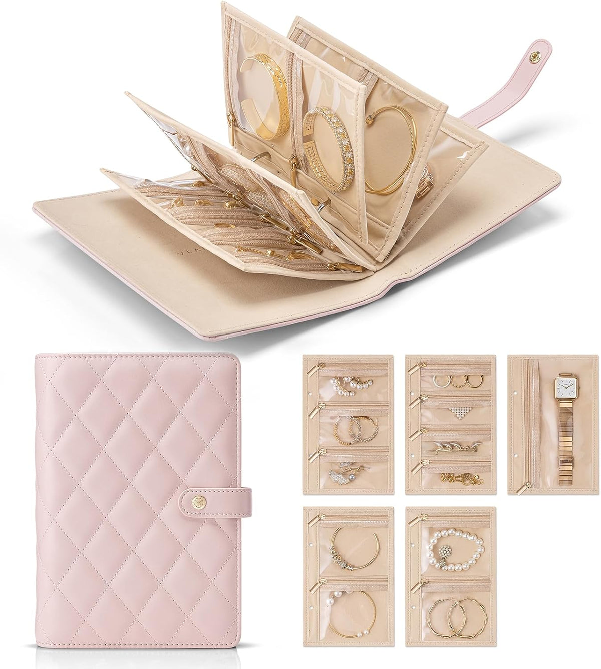 Travel Jewelry Organizer Case,Valentines Gift,Jewelry Storage Book Ring Binder with Clear Zipper Velvet Jewelry Pouches Bags for Rings,Necklace,Earrings-Cream White
