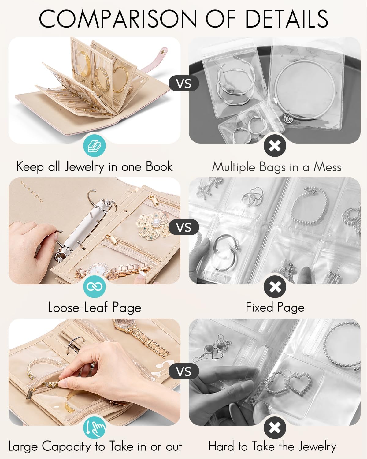 Travel Jewelry Organizer Case,Valentines Gift,Jewelry Storage Book Ring Binder with Clear Zipper Velvet Jewelry Pouches Bags for Rings,Necklace,Earrings-Cream White