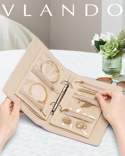 Travel Jewelry Organizer Case,Valentines Gift,Jewelry Storage Book Ring Binder with Clear Zipper Velvet Jewelry Pouches Bags for Rings,Necklace,Earrings-Cream White